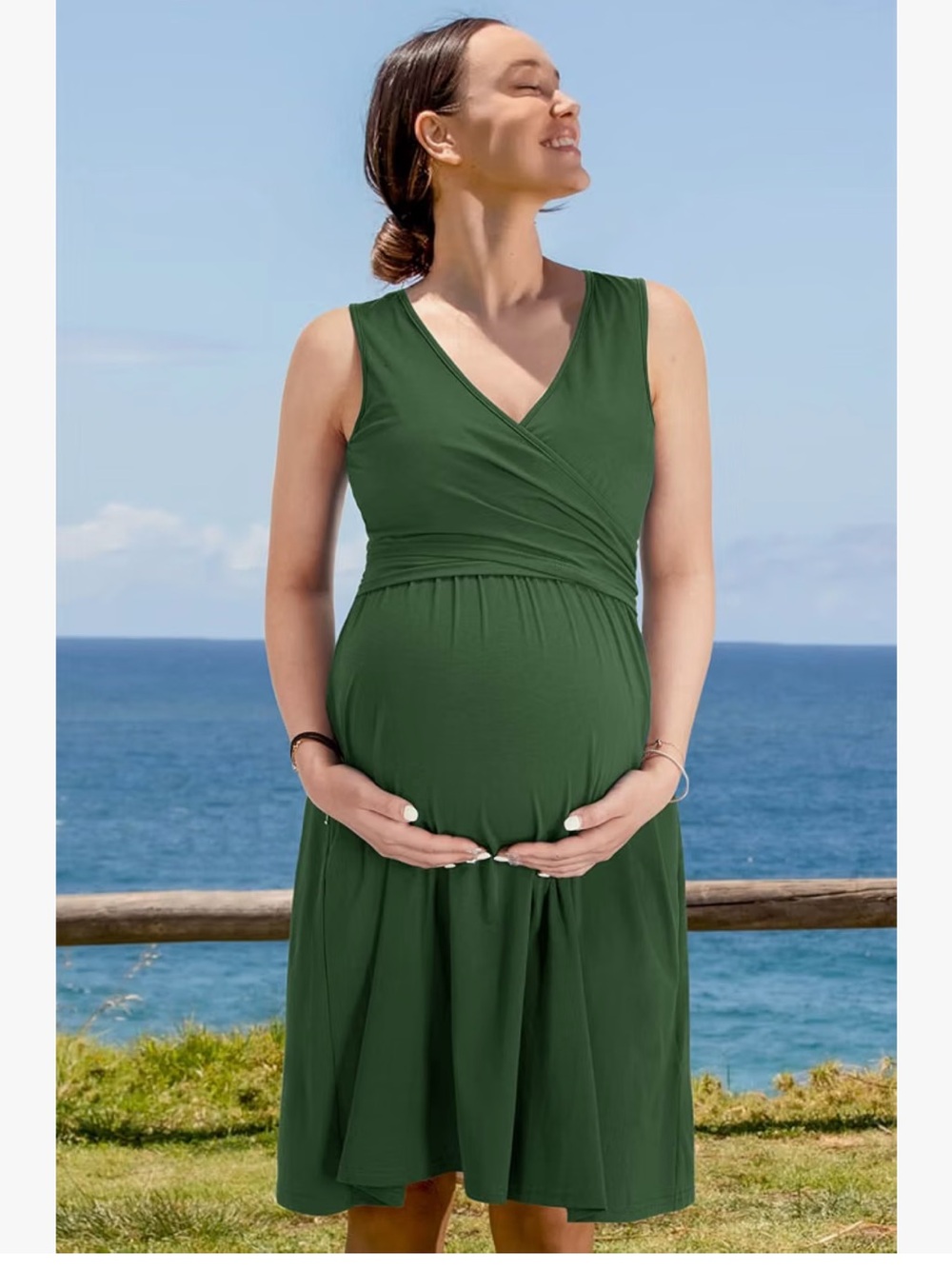 OUGES Maternity Nursing Dress L Army Green Wrap Tank Sleeveless Pockets Midi